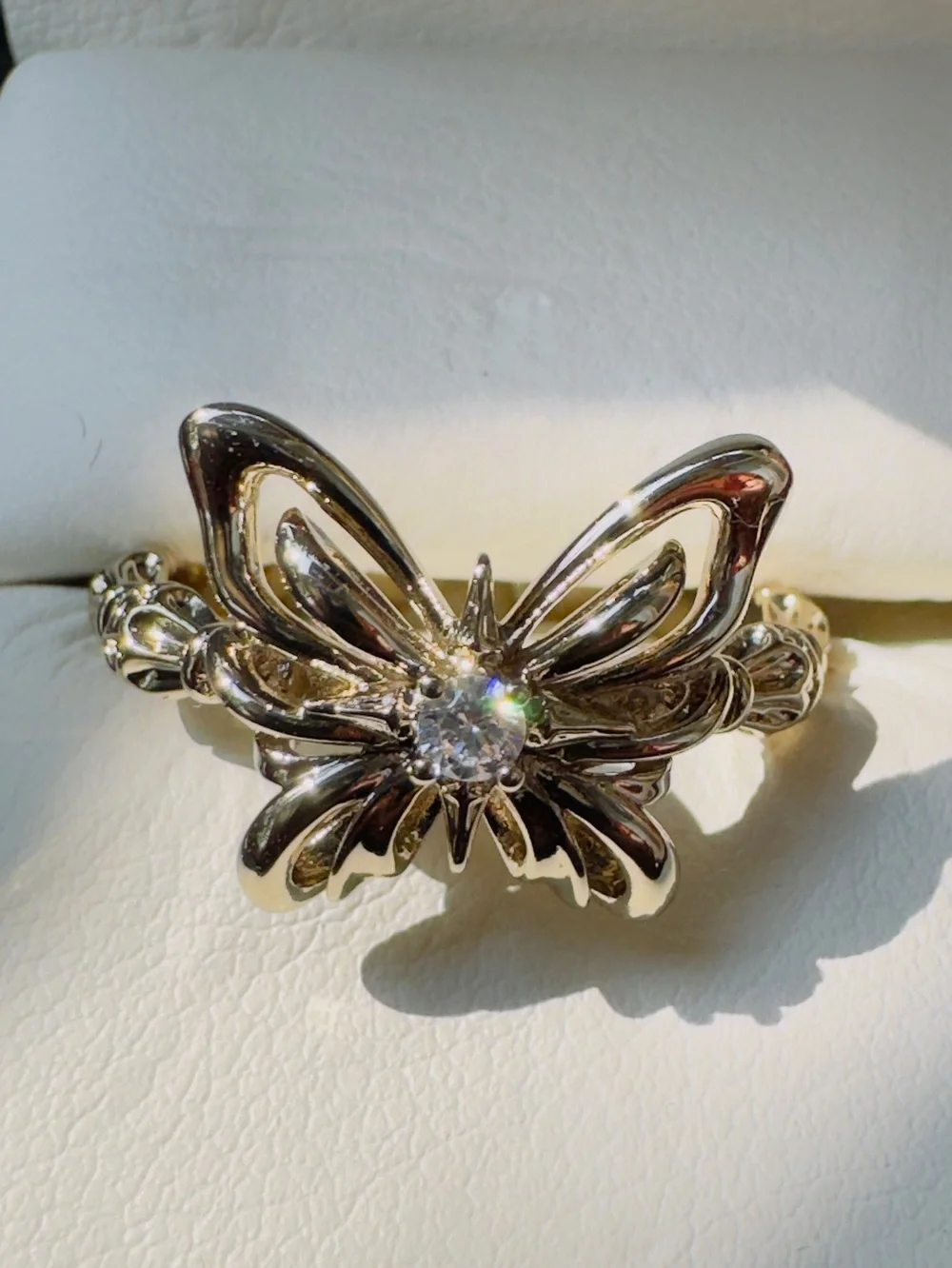 Gold Butterfly Ring with Clear Center Stone